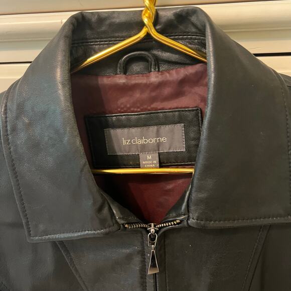 Black Leather Moto Jacket Size Medium EUC Liz Claiborne Full Zip Y2K 90s Friends - Picture 2 of 8